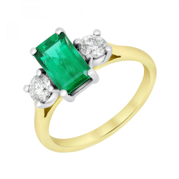 18ct yellow gold 1.73ct emerald & 0.50ct diamond 3 stone ring