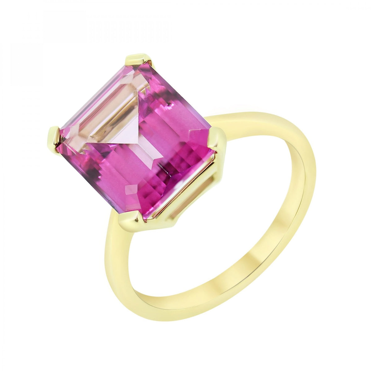9ct yellow gold 12mm x 10mm emerald cut pink topaz ring