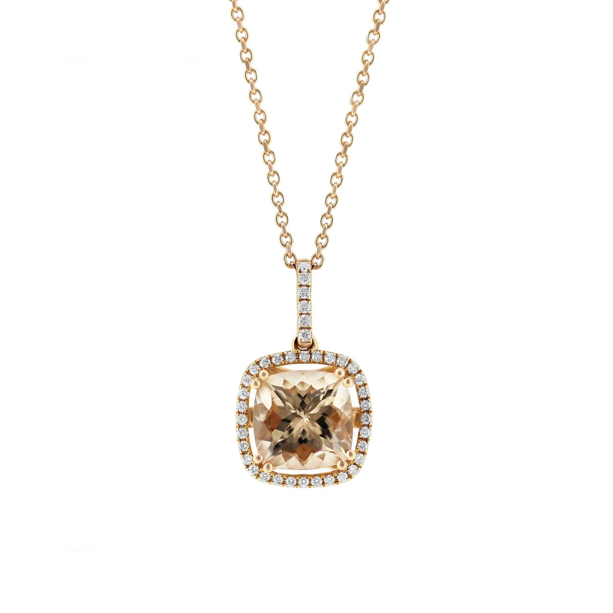 18ct rose gold 3.53ct morganite & 0.32ct diamond cluster pendant