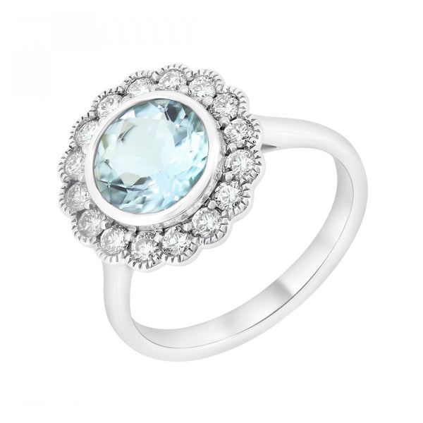 18ct white gold 1.60ct aquamarine & 0.50ct diamond cluster ring