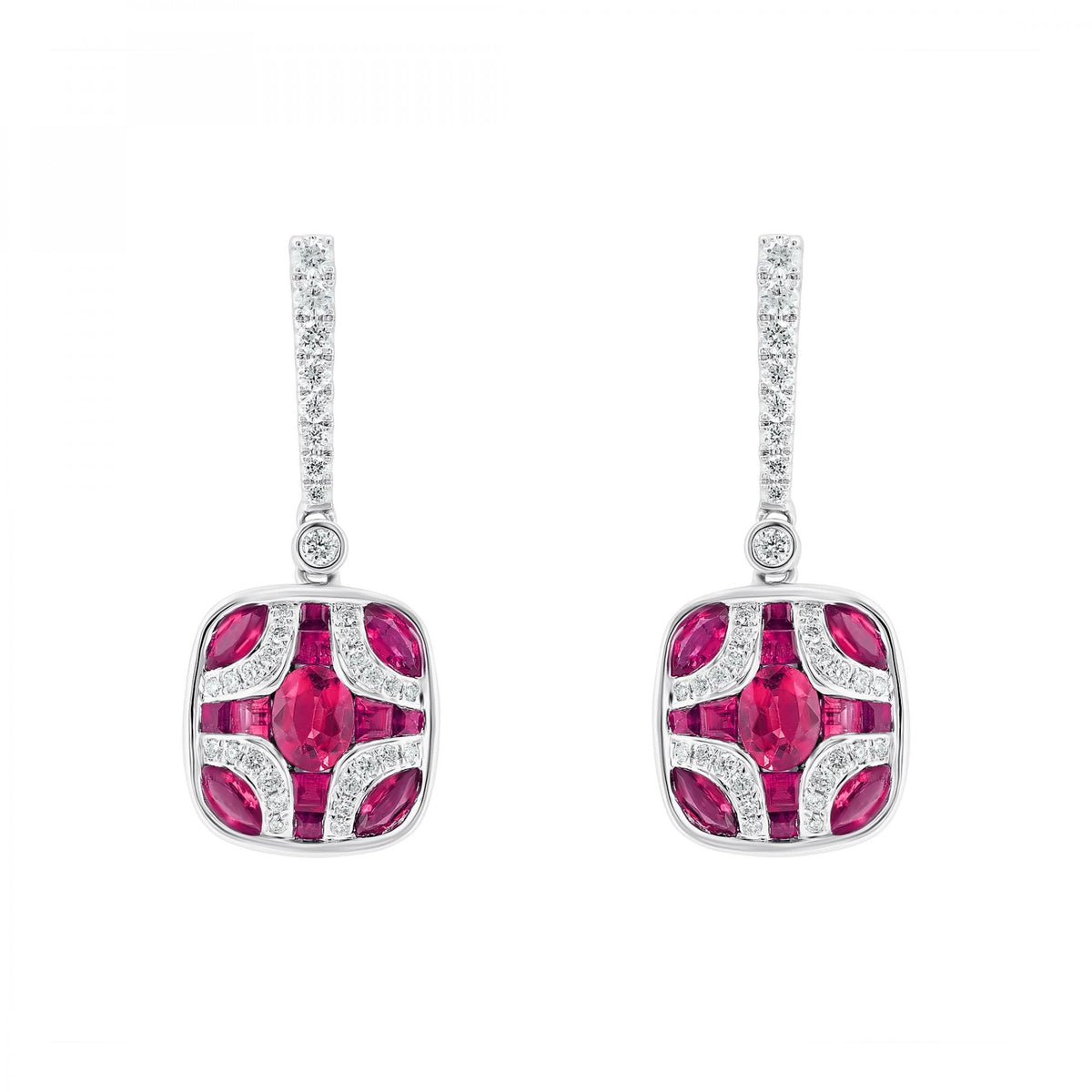 18ct white gold 2.15ct ruby & 0.44ct diamond drop earrings