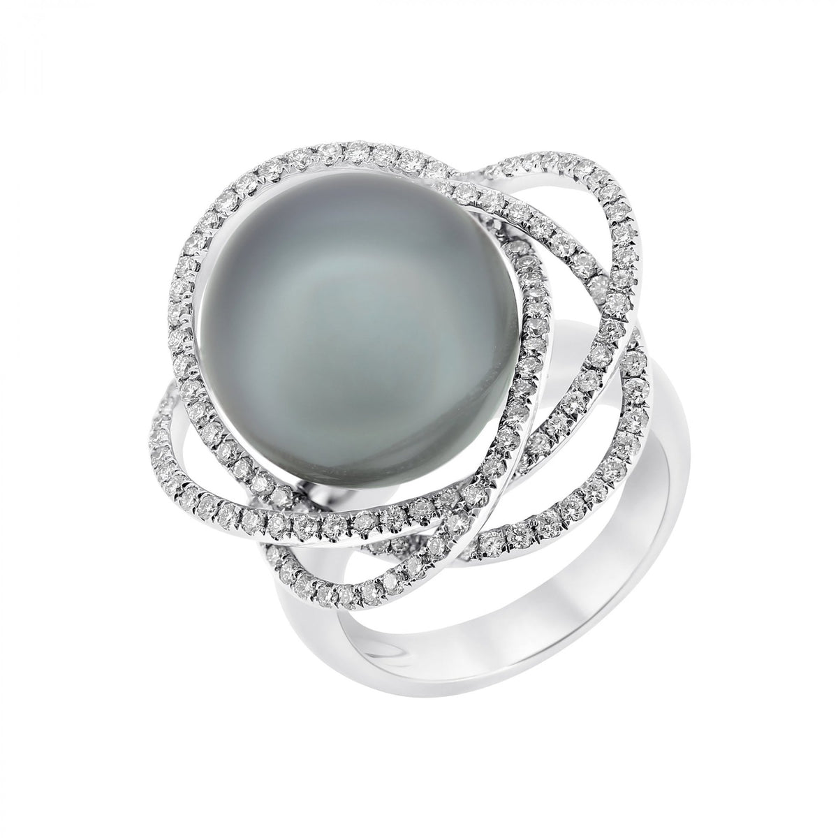 18ct white gold 14.4mm Tahitian pearl & 0.90ct diamond ring