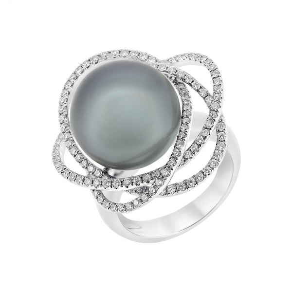 18ct white gold 14.4mm Tahitian pearl & 0.90ct diamond ring