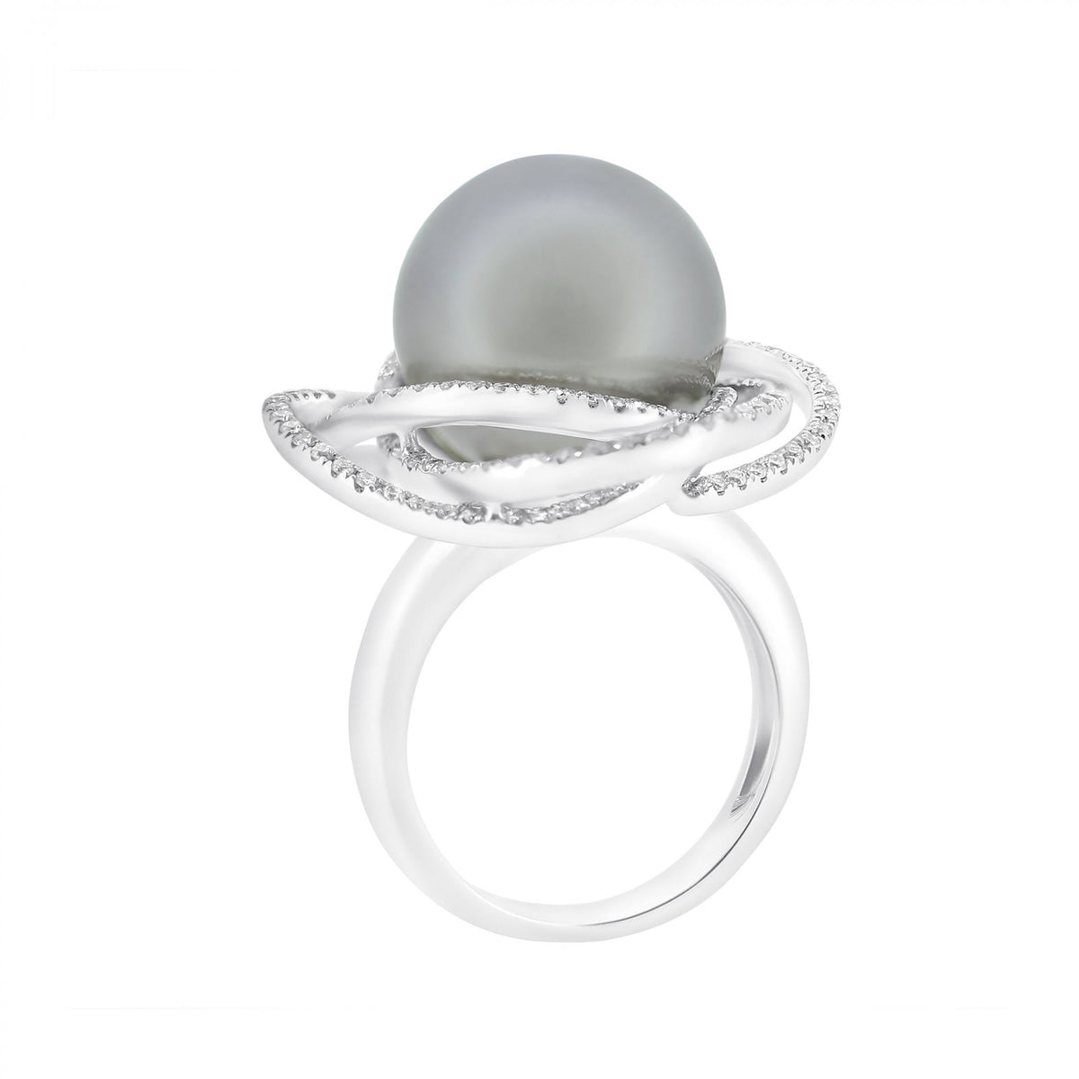 18ct white gold 14.4mm Tahitian pearl & 0.90ct diamond ring