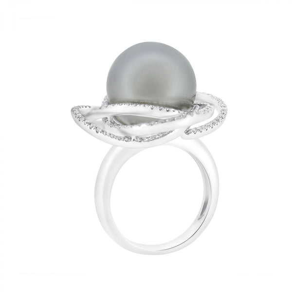 18ct white gold 14.4mm Tahitian pearl & 0.90ct diamond ring