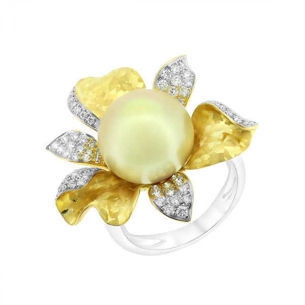 18ct white gold 12.9mm golden pearl & 0.58ct diamond ring