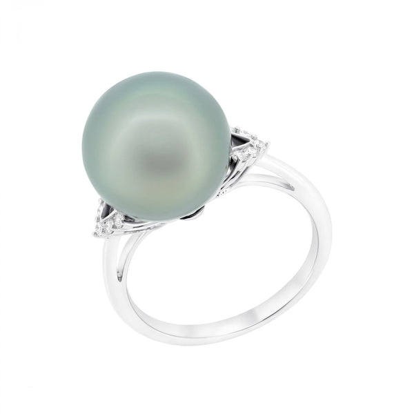 18ct white gold 12.9mm Tahitian pearl & 0.12ct diamond ring