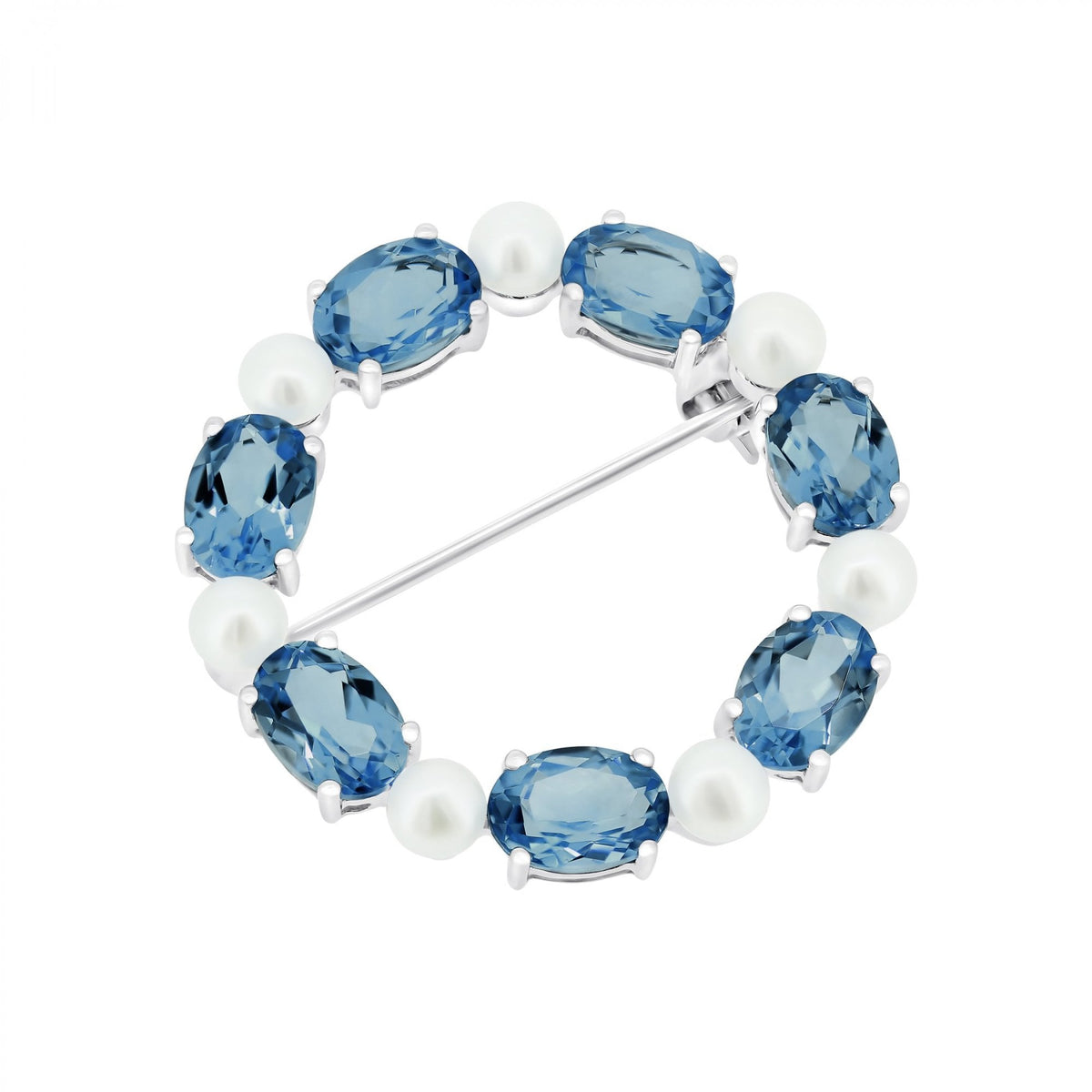 9ct white gold oval 7x5mm London blue topaz & round pearl brooch