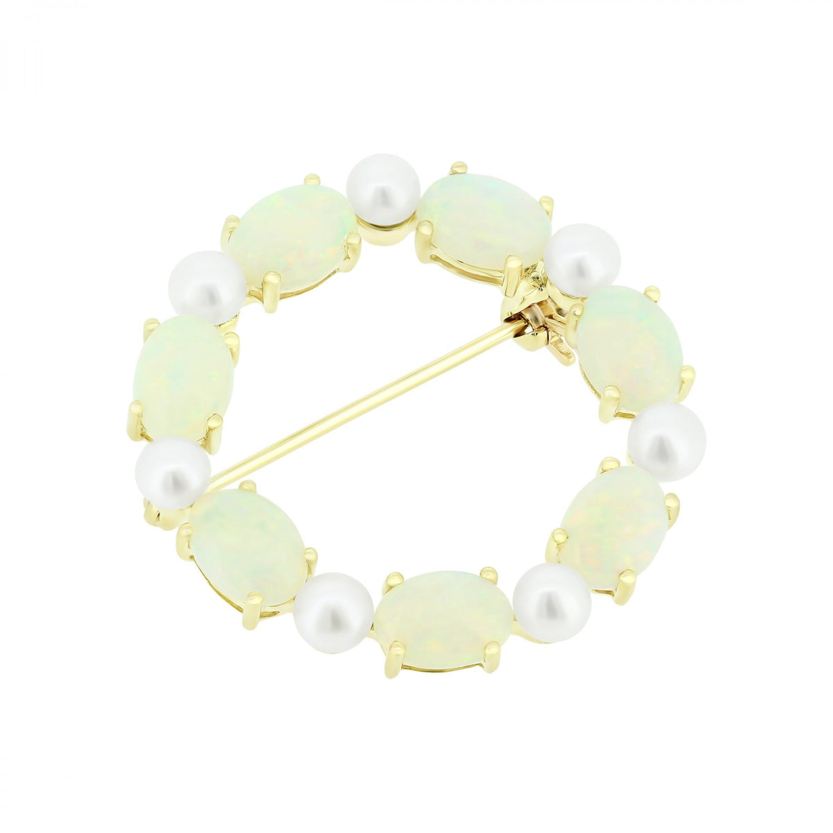 9ct yellow gold oval 7x5mm opal & round pearl brooch