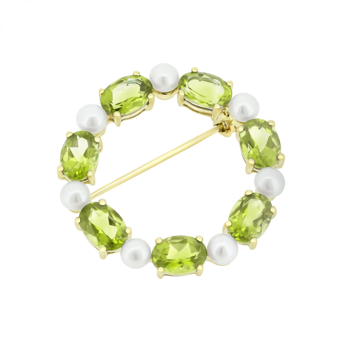 9ct yellow gold oval 7x5mm peridot & round pearl brooch