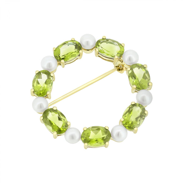 9ct yellow gold oval 7x5mm peridot & round pearl brooch