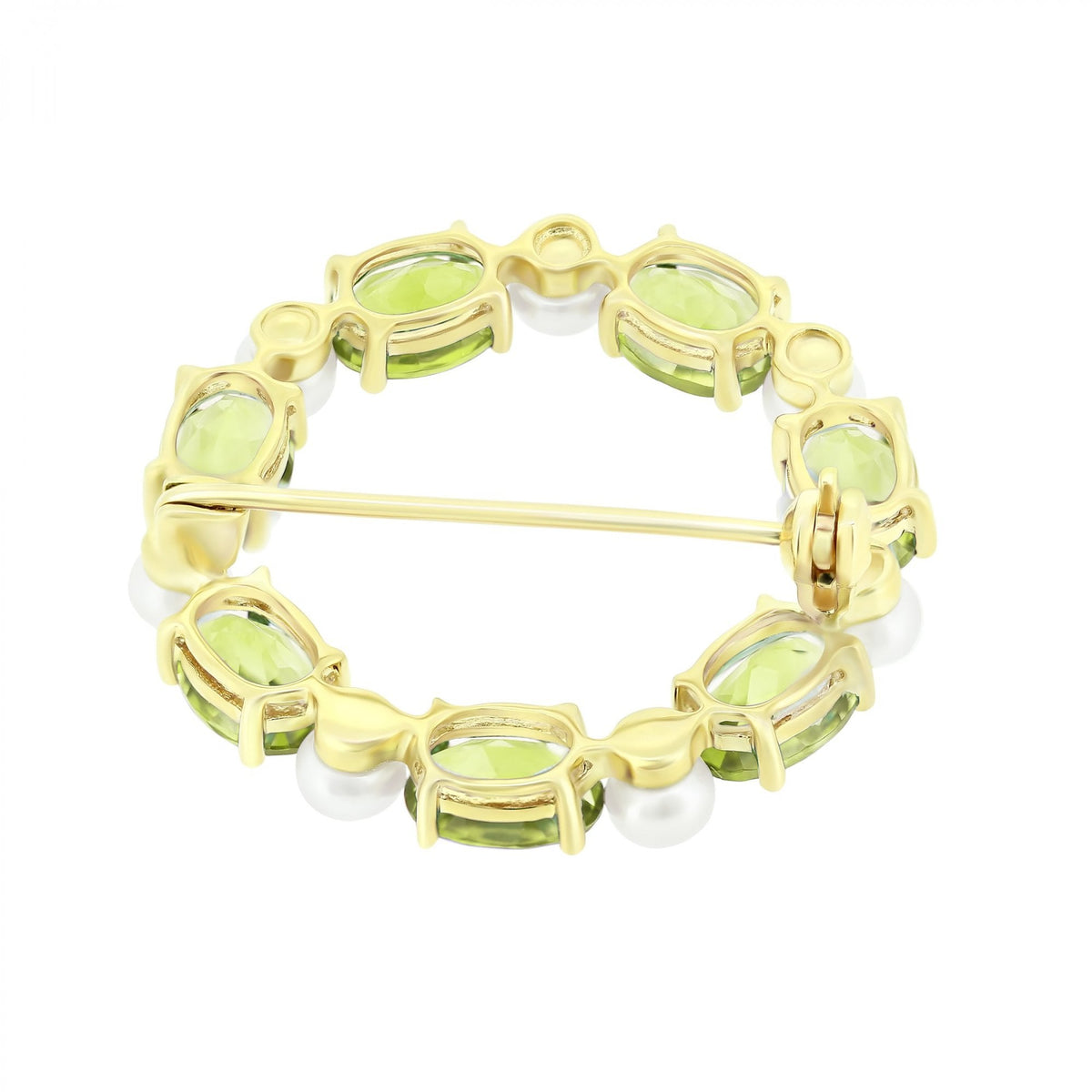 9ct yellow gold oval 7x5mm peridot & round pearl brooch