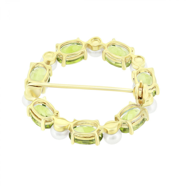 9ct yellow gold oval 7x5mm peridot & round pearl brooch