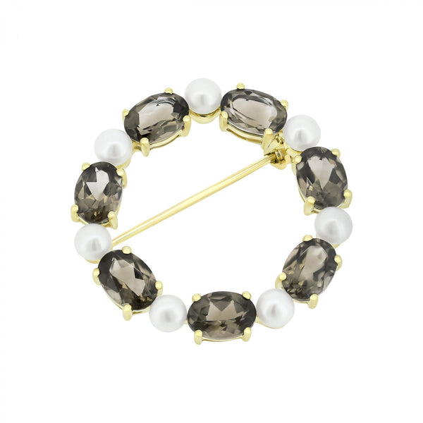 9ct yellow gold oval 7x5mm smokey quartz & round pearl brooch