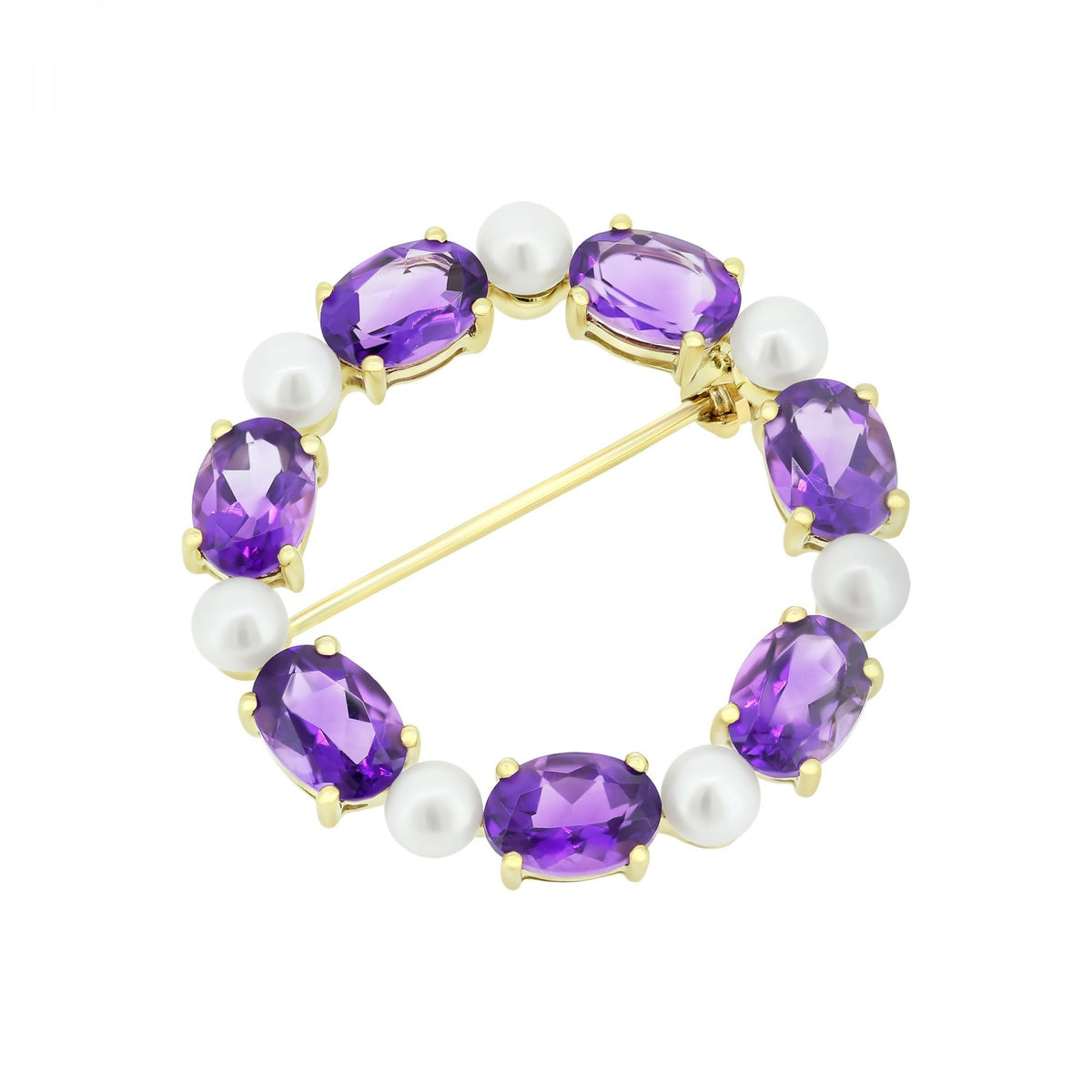 9ct yellow gold oval 7x5mm amethyst & round pearl brooch
