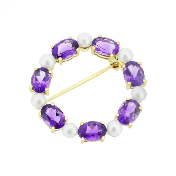 9ct yellow gold oval 7x5mm amethyst & round pearl brooch