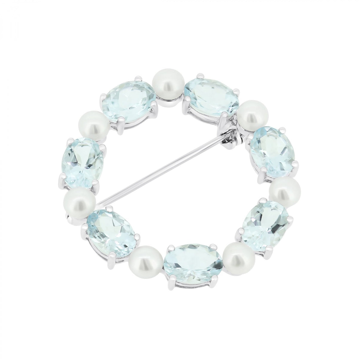 9ct white gold oval 7x5mm aquamarine & round pearl brooch