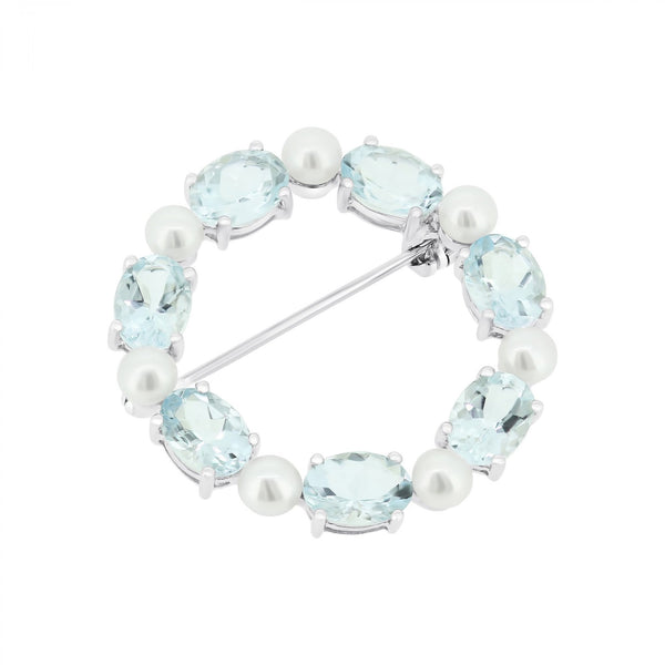 9ct white gold oval 7x5mm aquamarine & round pearl brooch