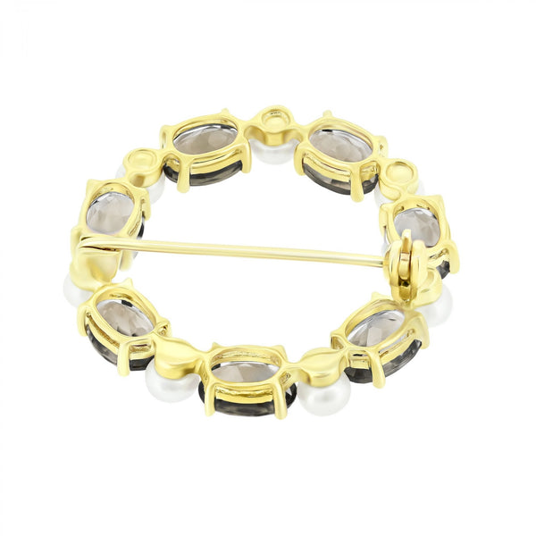 9ct yellow gold oval 7x5mm smokey quartz & round pearl brooch