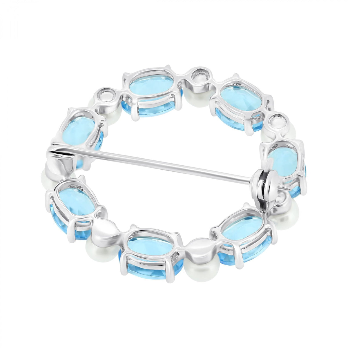 9ct white gold oval 7x5mm aquamarine & round pearl brooch