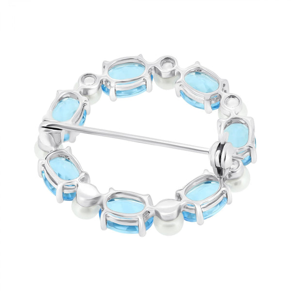9ct white gold oval 7x5mm aquamarine & round pearl brooch