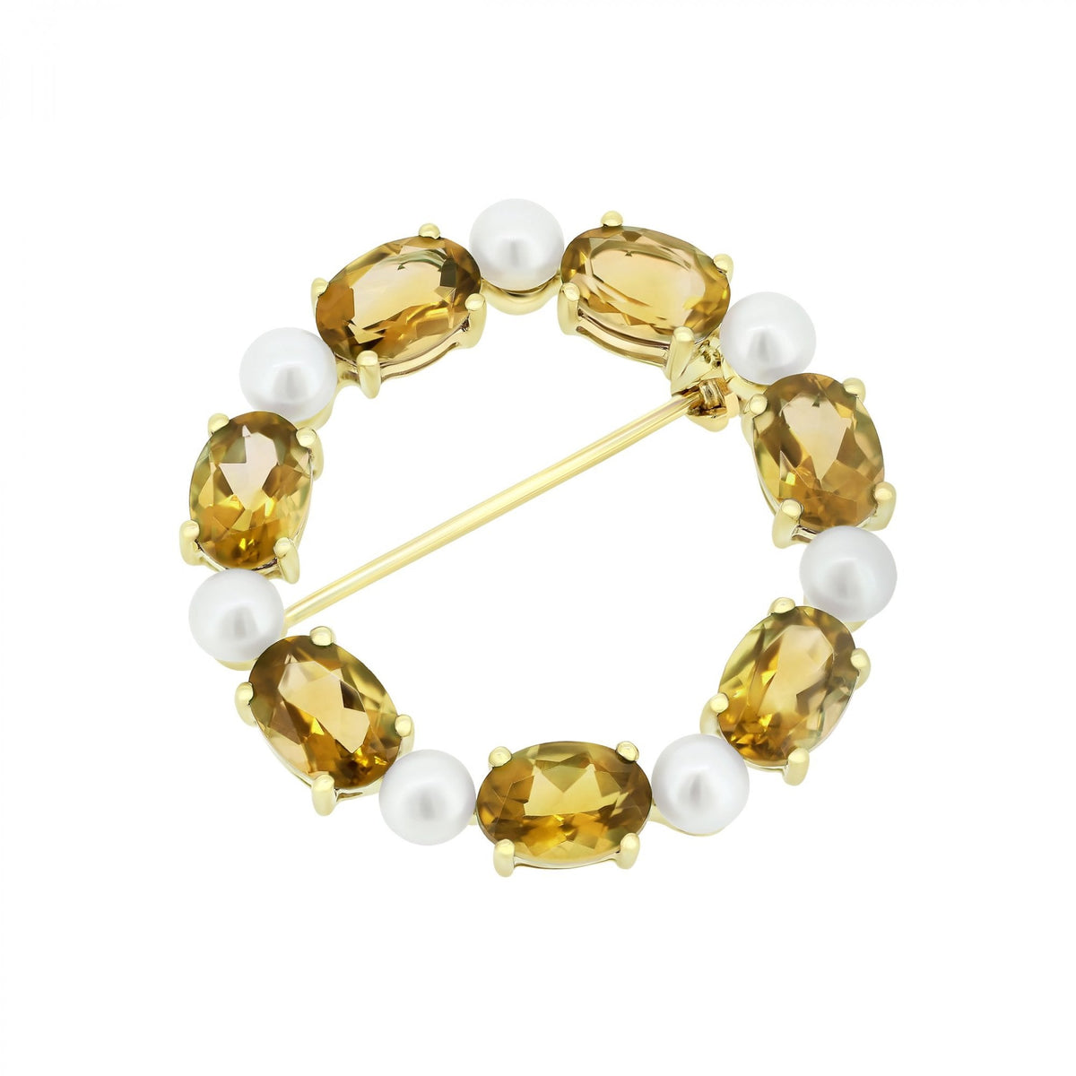 9ct yellow gold oval 7x5mm citrine & round pearl brooch