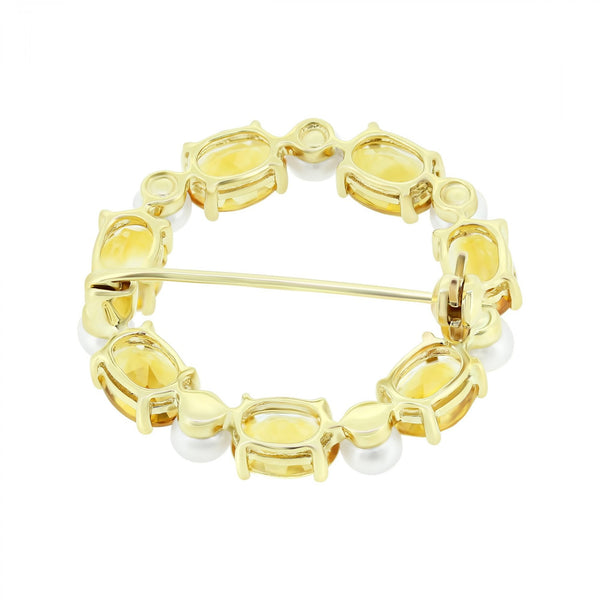 9ct yellow gold oval 7x5mm citrine & round pearl brooch