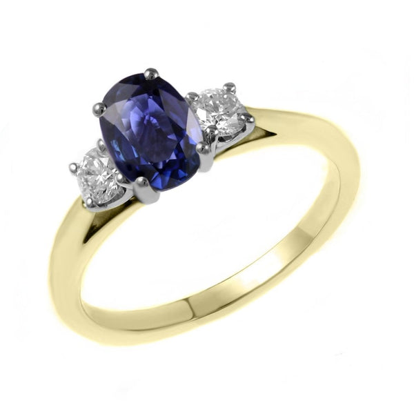 18ct yellow gold 1.87ct sapphire & 0.53ct diamond 3 stone ring