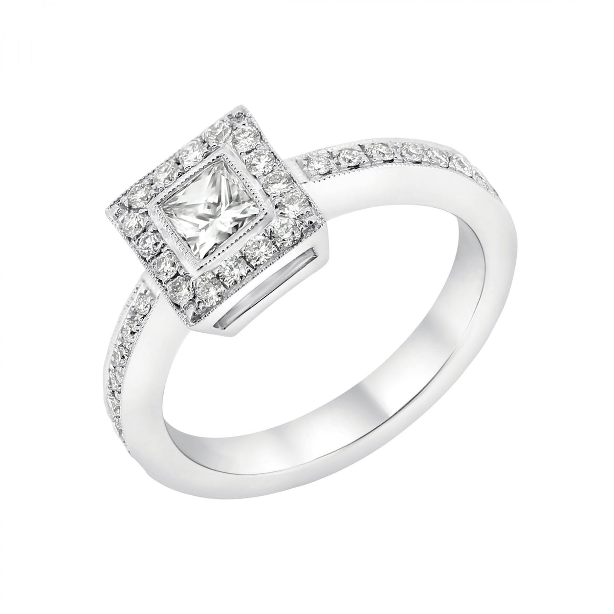 Platinum 0.33ct princess & 0.26ct round diamond halo ring