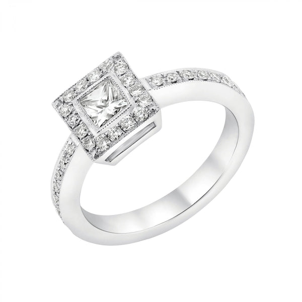 Platinum 0.33ct princess & 0.26ct round diamond halo ring