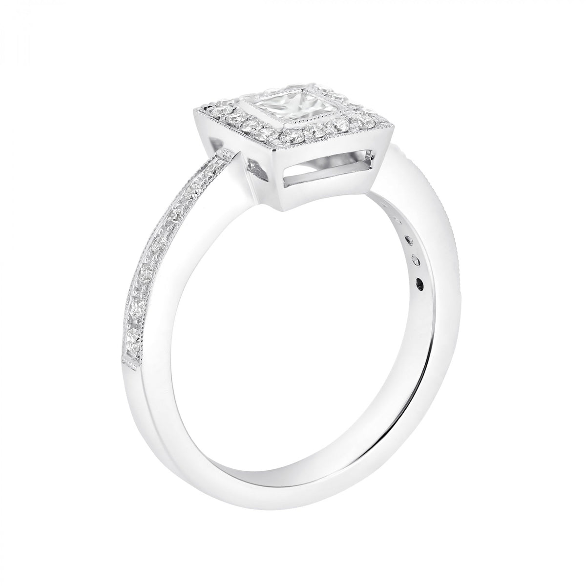 Platinum 0.33ct princess & 0.26ct round diamond halo ring