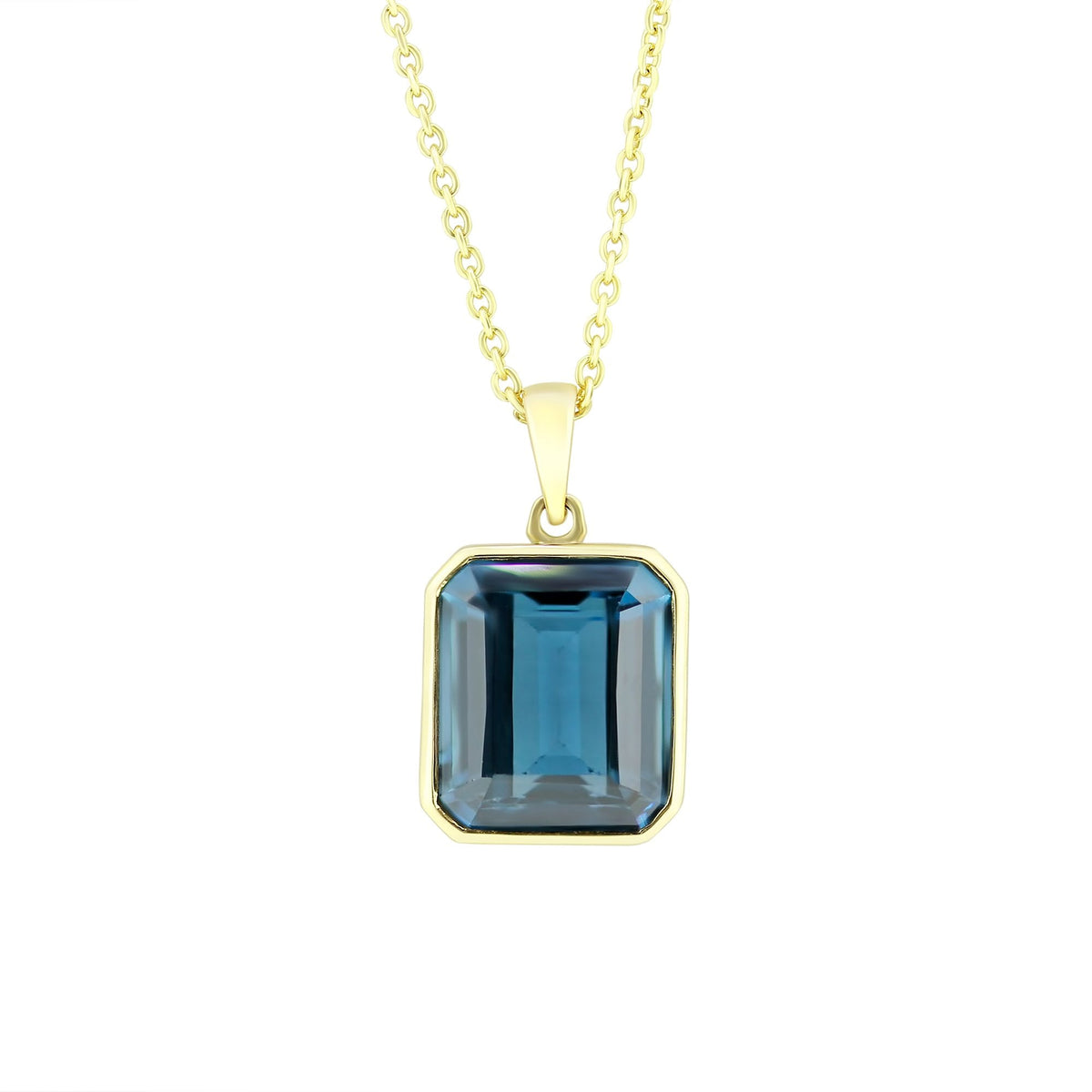 9ct yellow gold 7.60ct London blue topaz emerald cut pendant