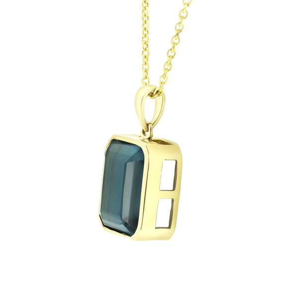 9ct yellow gold 7.60ct London blue topaz emerald cut pendant