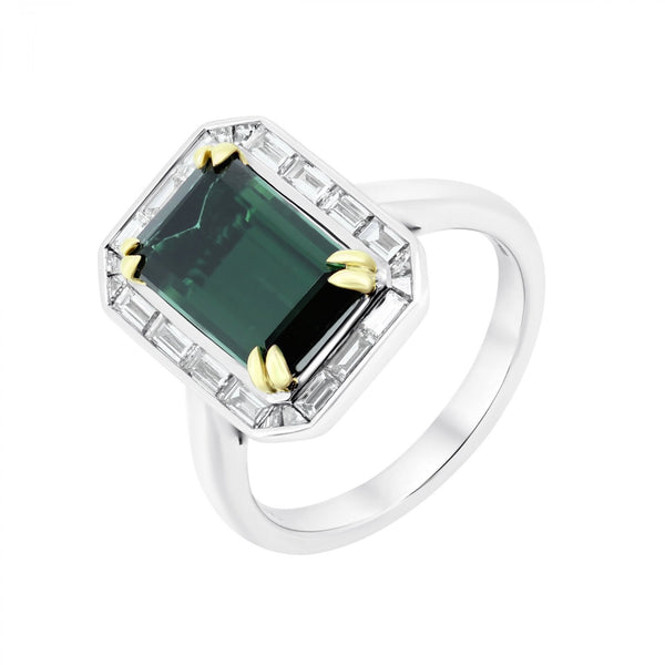 18ct white gold 3.28ct green tourmaline & 0.80ct diamond ring
