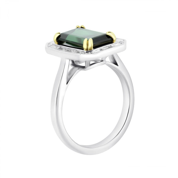 18ct white gold 3.28ct green tourmaline & 0.80ct diamond ring