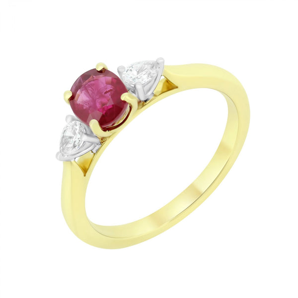 18ct yellow gold 0.95ct ruby & 0.22ct diamond 3 stone ring