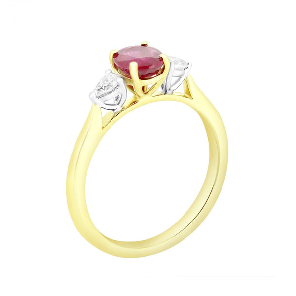 18ct yellow gold 0.95ct ruby & 0.22ct diamond 3 stone ring