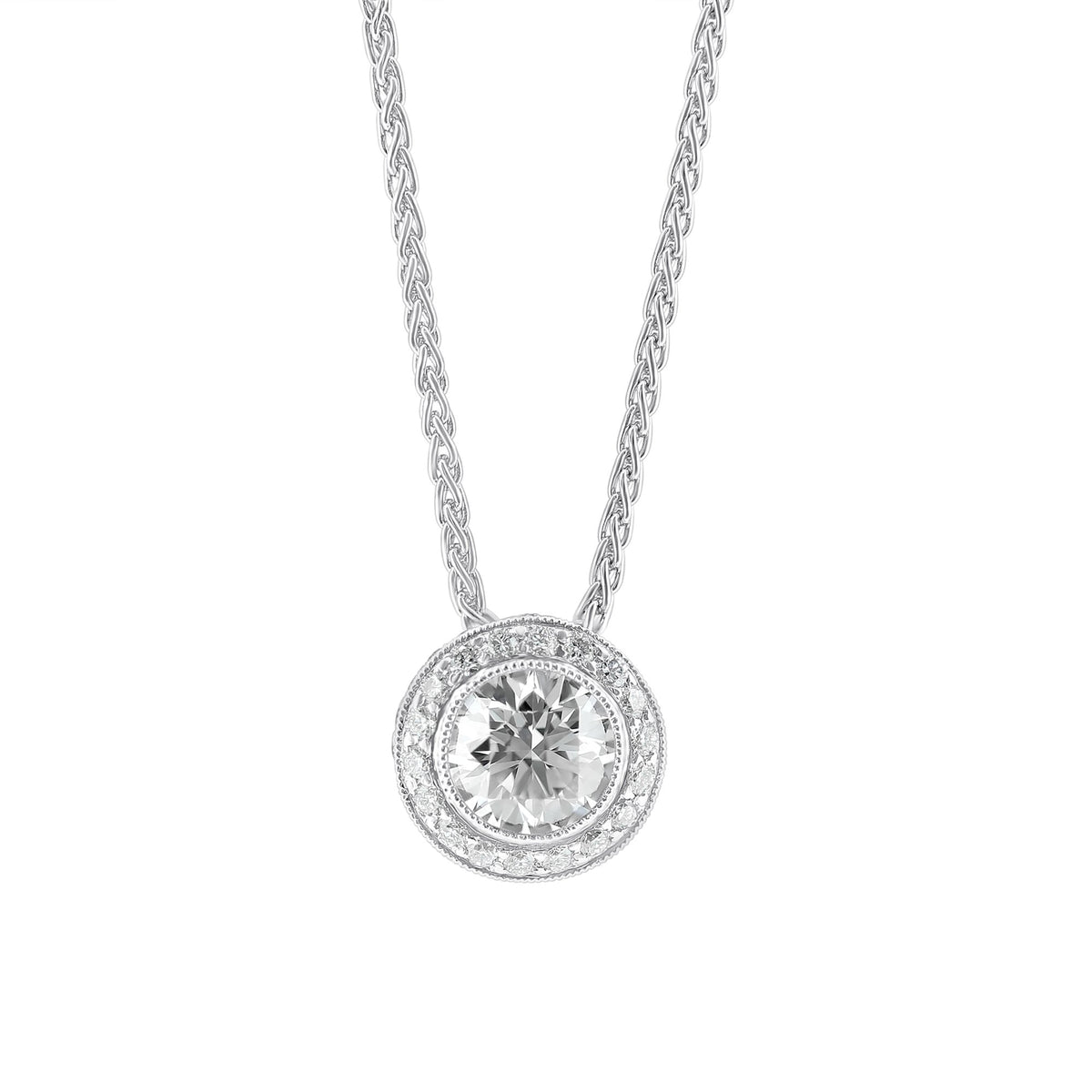 18ct white gold 0.70ct G VS1 GIA round diamond halo pendant