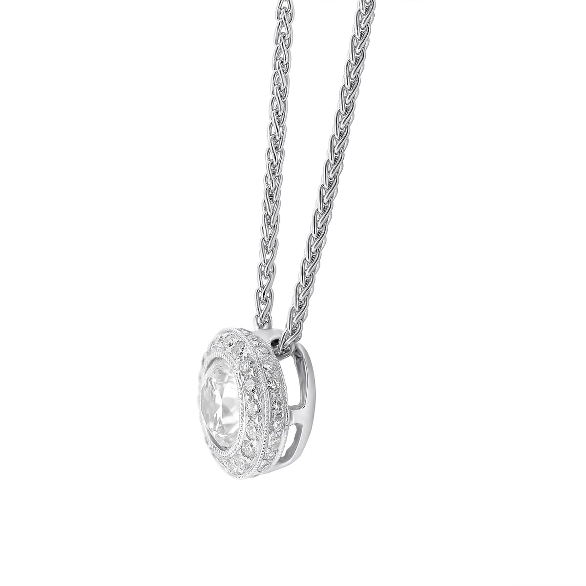 18ct white gold 0.70ct G VS1 GIA round diamond halo pendant