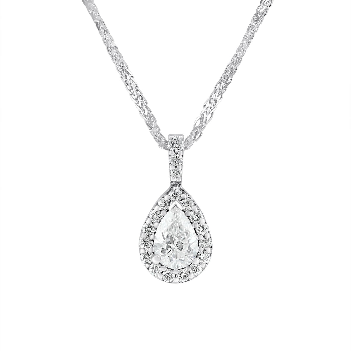 18ct white gold 0.71ct D VS2 EGL pear shape diamond halo pendant