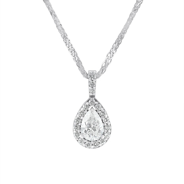 18ct white gold 0.71ct D VS2 EGL pear shape diamond halo pendant