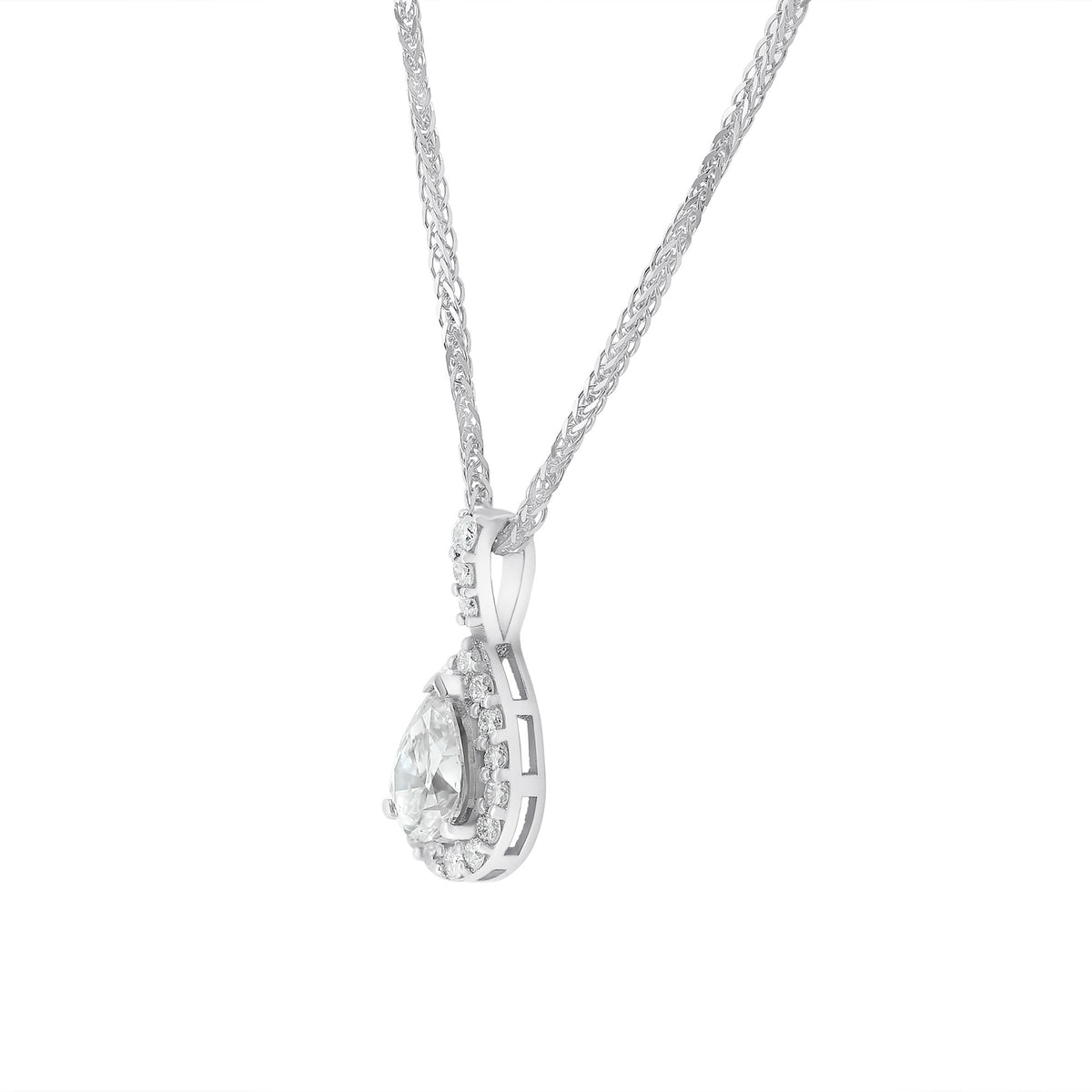 18ct white gold 0.71ct D VS2 EGL pear shape diamond halo pendant