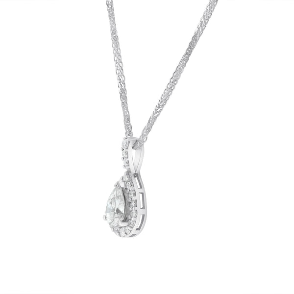 18ct white gold 0.71ct D VS2 EGL pear shape diamond halo pendant