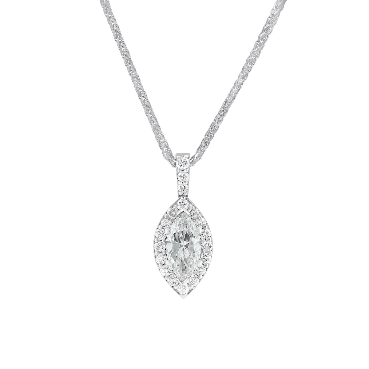 18ct white gold 0.70ct D VS2 EGL marquise diamond halo pendant
