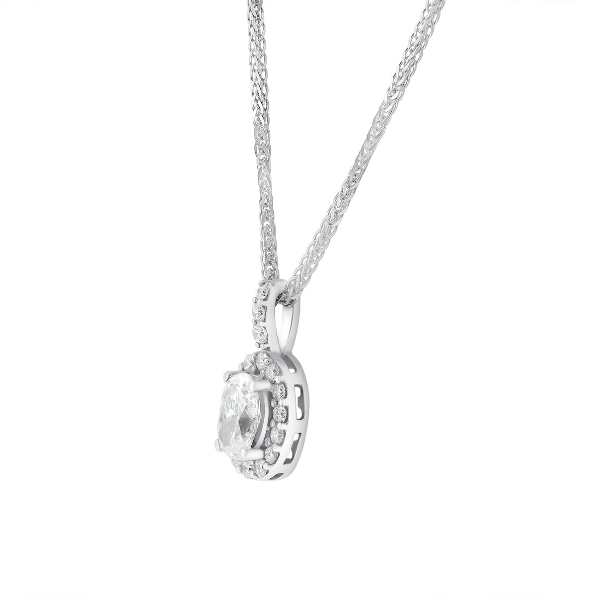 18ct white gold 0.71ct D VS2 EGL oval shape diamond halo pendant
