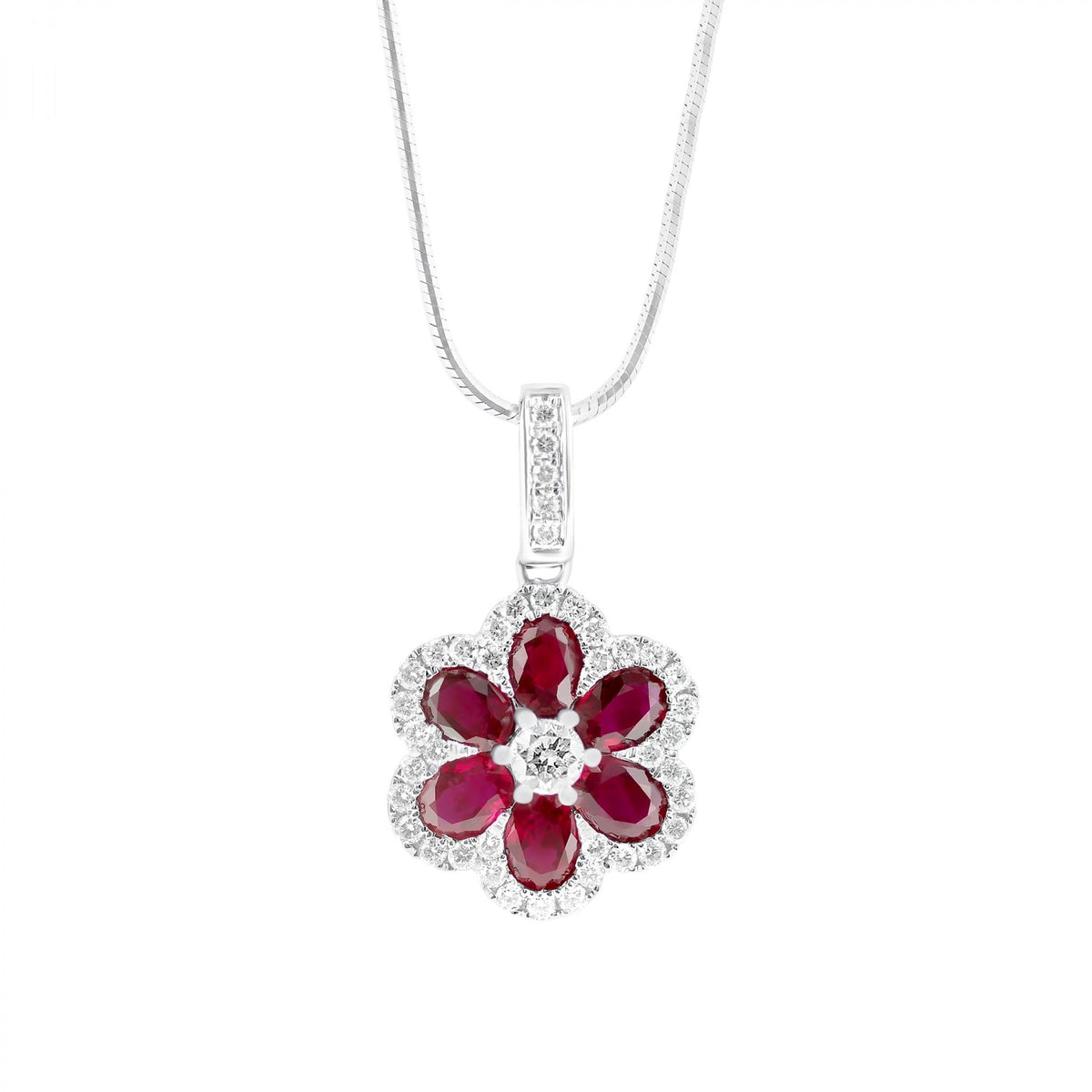 18ct white gold 1.19ct ruby & 0.34ct diamond cluster pendant