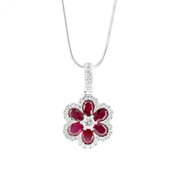 18ct white gold 1.19ct ruby & 0.34ct diamond cluster pendant