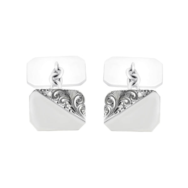 Silver 16x12mm octagonal engraved chain link cufflinks