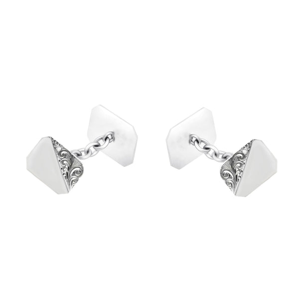 Silver 16x12mm octagonal engraved chain link cufflinks