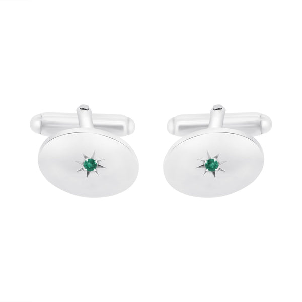 Silver 17x12mm emerald set oval cufflinks